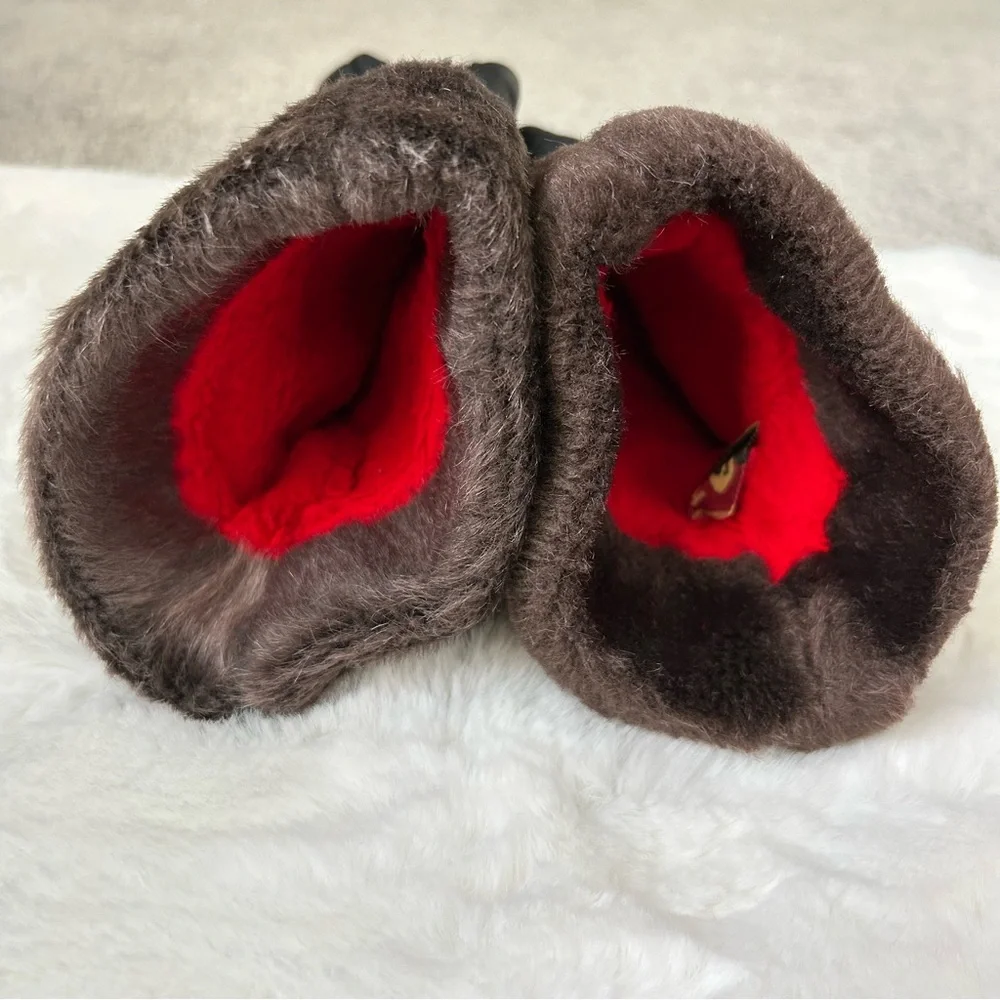 KOMBI Vintage Women’s Leather Mittens Black Faux Fur Cuff Lined S + BONUS Gloves